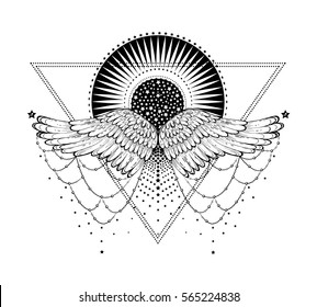triangular composition of sacred Tattoo in the form stylized sun and soaring wings and stars. Decorative design element. Print the cover notebooks, prints for T-shirts. vector illustration.