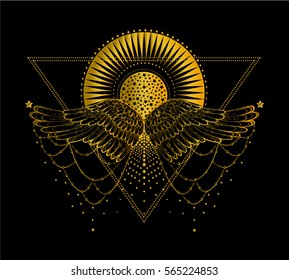 triangular composition of sacred Tattoo in the form stylized sun and soaring wings and stars. Decorative design element. Print the cover notebooks, prints for T-shirts. vector illustration.