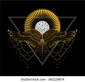 triangular composition of sacred Tattoo in the form stylized sun and soaring wings and stars. Decorative design element. Print the cover notebooks, prints for T-shirts. vector illustration.
