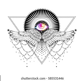 triangular composition of sacred Tattoo in the form eyes on the background stylized sun and soaring wings and stars. Decorative design element. Print the cover notebooks, prints for T-shirts. vector 