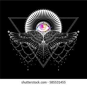 triangular composition of sacred Tattoo in the form eyes on the background stylized sun and soaring wings and stars. Decorative design element. Print the cover notebooks, prints for T-shirts. vector 