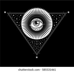 triangular composition of sacred Tattoo in the form eyes on the background stylized sun and stars. Decorative design element. Print the cover notebooks, prints for T-shirts. vector 
