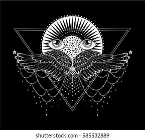 triangular composition of sacred Tattoo in the form eyes on the background stylized sun and soaring wings and stars. Decorative design element. Print the cover notebooks, prints for T-shirts. vector 