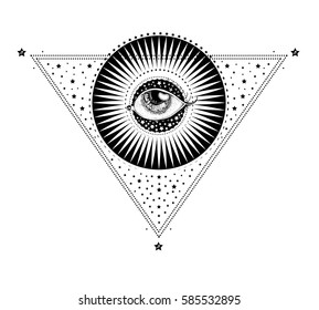 triangular composition of sacred Tattoo in the form eyes on the background stylized sun and stars. Decorative design element. Print the cover notebooks, prints for T-shirts. vector 