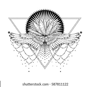 triangular composition of sacred Tattoo in the form lotus  on the background stylized sun, soaring wings and stars. Meditation coloring book.  Print the cover notebooks, prints for T-shirts. vector. 