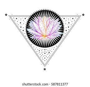 triangular composition of sacred Tattoo in the form lotus on the background stylized sun and stars. Decorative design element. Print the cover notebooks, prints for T-shirts. vector 