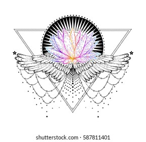 triangular composition of sacred Tattoo in the form lotus  on the background stylized sun, soaring wings and stars. Decorative design element. Print the cover notebooks, prints for T-shirts. vector 