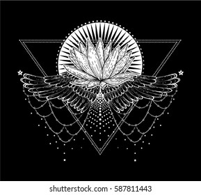 triangular composition of sacred Tattoo in the form lotus  on the background stylized sun, soaring wings and stars. Decorative design element. Print the cover notebooks, prints for T-shirts. vector 