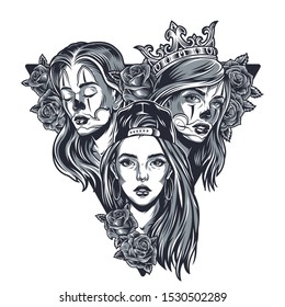 Triangular concept of pretty chicano girls in baseball cap royal crown and beautiful rose flowers in vintage monochrome style isolated vector illustration