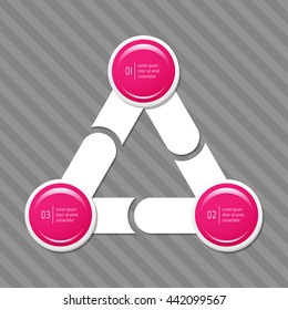 Triangular connected infographic diagram with arrows. Isolated chart with 3 round parts. EPS10 business concept sequence banner.
