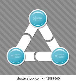 Triangular connected infographic diagram with arrows. Isolated chart with 3 round parts. EPS10 business concept sequence banner.