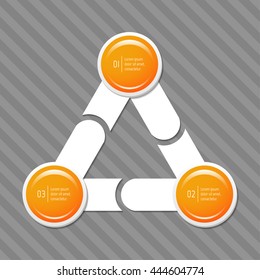 Triangular connected infographic diagram with arrows. Isolated chart with 3 round parts. EPS10 business concept sequence banner.