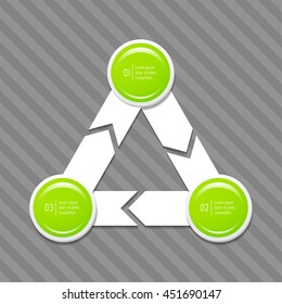 Triangular connected infographic diagram with arrows. Isolated chart with 3 round parts. EPS10 business concept sequence banner.