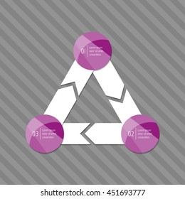Triangular connected infographic diagram with arrows. Isolated chart with 3 round parts. EPS10 business concept sequence banner.