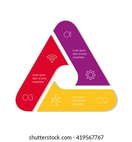 Triangular connected infographic diagram. Folded triangle chart with 3 options. Paper progress steps for tutorial with three parts. Isolated business concept sequence banner. EPS10 workflow layouts.