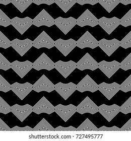 Triangular contours wallpaper. Repeated geometrical figures background. Seamless surface pattern design with chevrons. Mosaic polygons motif. Digital paper with jagged triangles. Web designing. Vector