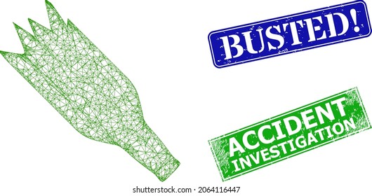 Triangular crashed beer bottle image, and Busted warn blue and green rectangular unclean seal prints. Polygonal wireframe image is created from crashed beer bottle icon.