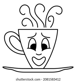 Triangular cup for tea, coffee with steam. The logo for the coffee shop. A face with emotion - joy, madness, surprise. Vector icon, outline, isolated.  Editable stroke.