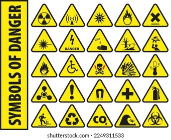 Triangular danger signs. Big yellow set. Vector graphics.