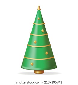 Triangular decorated green Christmas tree. 3d fir tree for holiday decor isolated on white background. Traditional Xmas indoor decor. Realistic vector illustration.