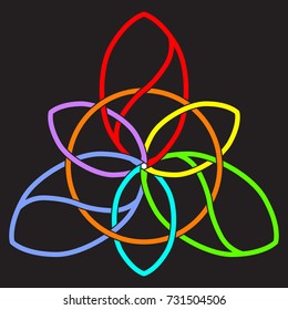 Triangular decorative element in the Celtic style. Three petals, color equilateral triangle. Vector isolated image on a black background.