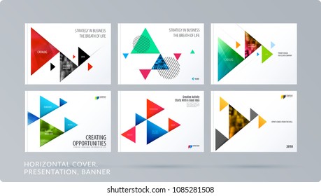 Triangular design presentation template with colourful triangles shadows. Abstract vector set of modern horizontal banners