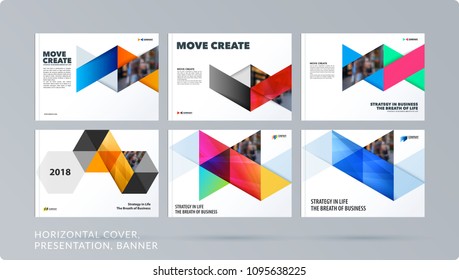 Triangular design presentation template with colourful rectangles shadows. Abstract vector set of modern horizontal banners