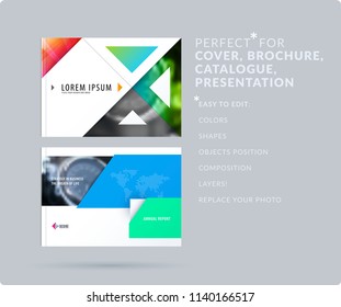 Triangular design presentation template with colourful triangles and diagonals. Abstract vector set of modern horizontal banners