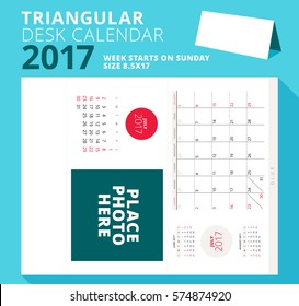 Triangular desk calendar planner for 2017 year. July 2017. Week starts on Sunday. Printable stationery template with place for photo. Vector illustration