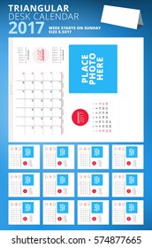 Triangular desk calendar planner for 2017 year. Set of 12 months. Week starts on Sunday. Printable stationery template with place for photo. Vector illustration