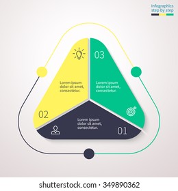 Triangular diagram, chart, graph. Triangle with 3 steps, options, parts. Rounded triangle design element. Triangle template for presentation.