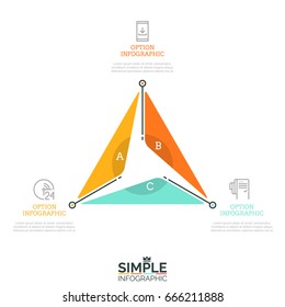 Triangular diagram divided into 3 lettered sectors and surrounded by thin line icons and text boxes. Three advantages of company concept. Simple infographic design template. Vector illustration.