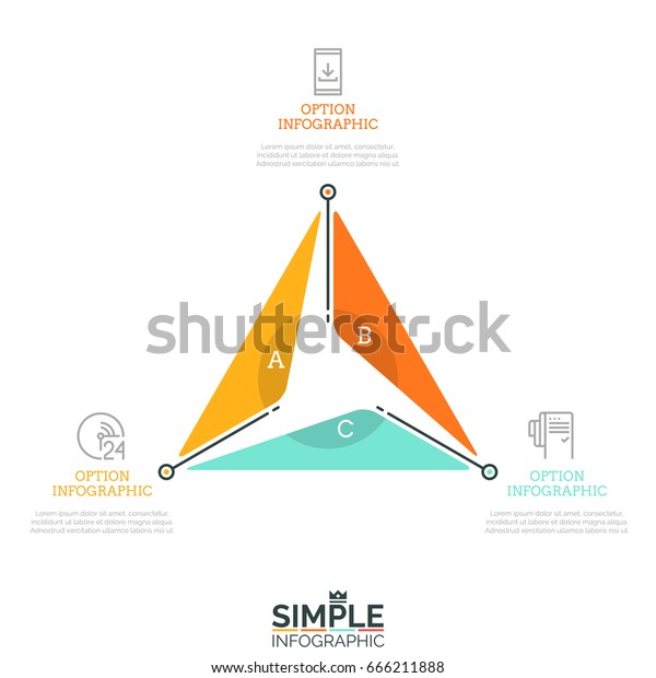 Triangular diagram divided into 3 lettered\
sectors and surrounded by thin line icons and text boxes. Three\
advantages of company concept. Simple infographic design template.\
Vector\
illustration.