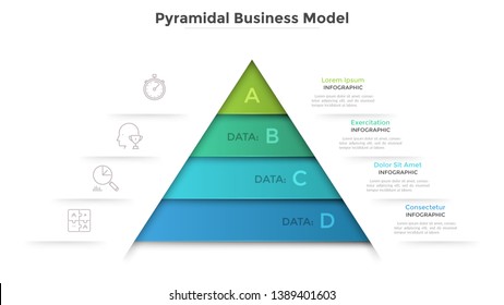 Dreieckskarte unterteilt in 4 Ebenen. Konzept der Pyramide Geschäftsmodell mit vier Stufen der Entwicklung oder Fortschritt. Moderne Infografik-Design-Vorlage. Vektorgrafik zur Präsentation.