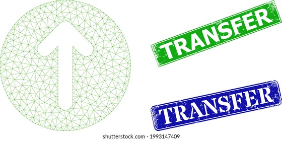 Triangular up direction image, and Transfer blue and green rectangular corroded stamp seals. Mesh carcass image designed with up direction pictogram.