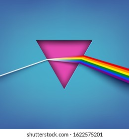 Triangular dispersive prism. Creative concept background with a pink triangle symbol, six-striped rainbow flag for LGBTQ movement in honor of the Day Against Homophobia. Vector Illustration.
