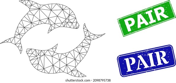 Triangular dolphin pair image, and Pair blue and green rectangular textured seal prints. Mesh wireframe image is created from dolphin pair icon. Stamps include Pair title inside rectangular frame.