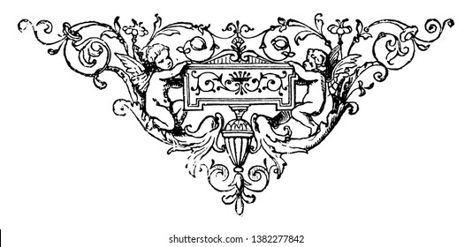 Triangular Doodad have two Angels sitting on either side of a box, it have leaves and flowers pattern, vintage line drawing or engraving.