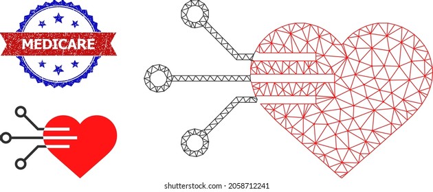 Triangular electric heart model illustration, and bicolor textured Medicare watermark. Mesh wireframe illustration designed with electric heart icon.