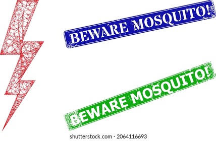 Triangular electrical energy image, and Beware Mosquito warn blue and green rectangle dirty seals. Mesh wireframe image is designed with electrical energy icon.
