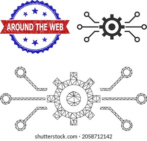Triangular electronic machinery wireframe icon, and bicolor unclean Around the Web seal stamp. Mesh wireframe illustration is designed with electronic machinery icon.