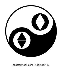 Triangular elevator buttons icon. Vector. Black and white icon inside circles of yin and yang symbol  at white background.