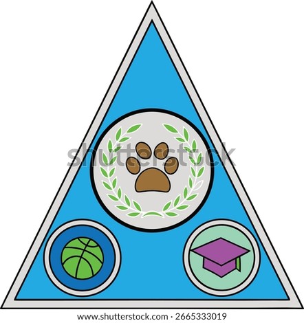 Triangular emblem with paw print, basketball, graduation cap and laurel wreath academic achievement