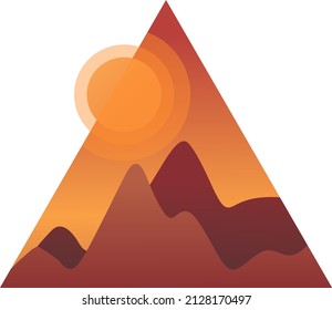 Triangular emblem with a silhouette of a mountain range. Vector illustration. The image is in warm colors. The sun over the peaks at sunset or dawn