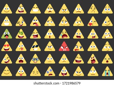 triangular Emoji icons and symbols set. Happy kind and evil faces.Icons isolated on black background. Vector EPS 10