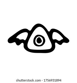 Triangular eraser with wings. Inside the object is a circle and a ring. Vector illustration. Black lines on a white background.