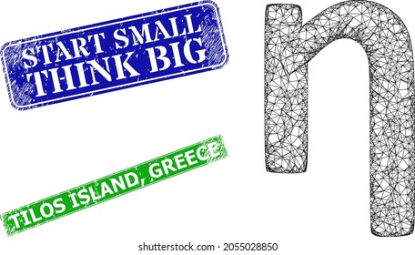 Triangular Eta Greek lowercase symbol model, and Start Small Think Big blue and green rectangle corroded stamps. Polygonal wireframe symbol designed with Eta Greek lowercase symbol pictogram.