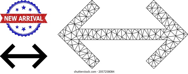 Triangular exchange arrows model illustration, and bicolor grunge New Arrival watermark. Polygonal wireframe illustration is designed with exchange arrows pictogram.