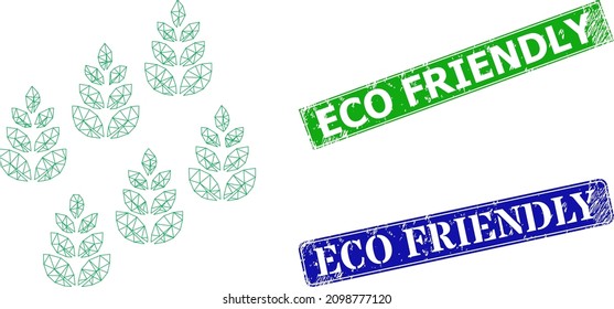 Triangular farm field model, and Eco Friendly blue and green rectangle grunge stamps. Polygonal carcass symbol is created from farm field icon. Stamps have Eco Friendly tag inside rectangle shape.