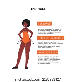 Cartel o cartel triangular de tipo femenino con características, ejercicios y recomendaciones de ropa, ilustración plana vectorial aislada en fondo blanco.